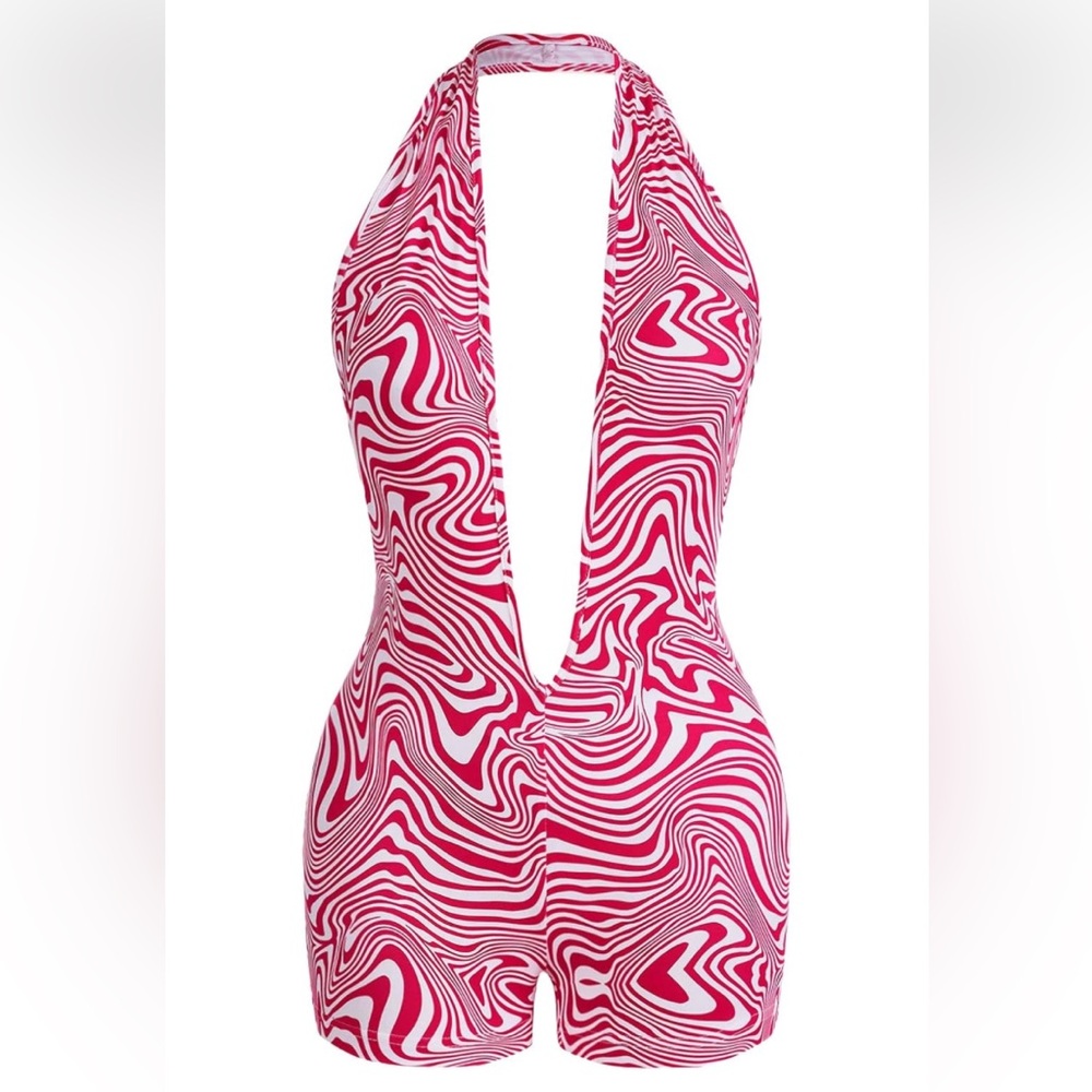 NWT No Label Size S Allover Print Backless Hot Pink Romper